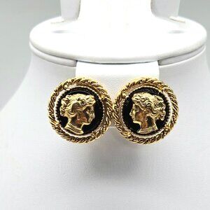 Vintage YSL Greco Roman Cameo Clip On Earrings 1980s Gold Tone Black Resin Medal